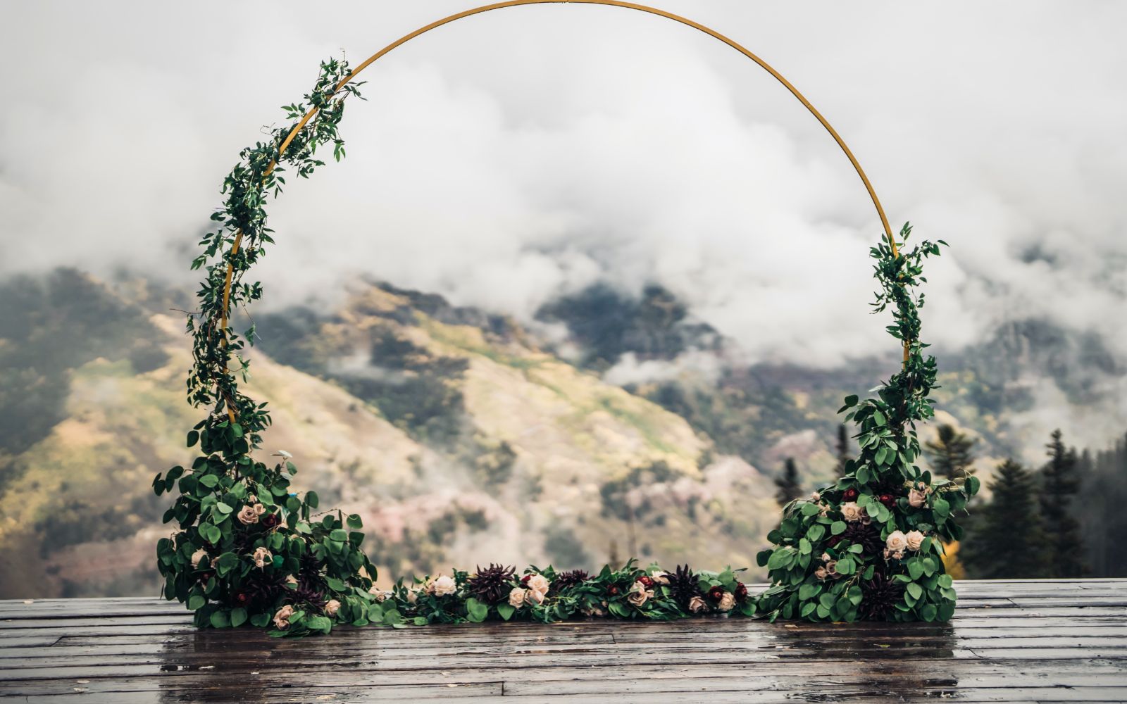 Moody burgundy, blush, and taupe flowers arranged with lush greenery climbing up and around a gold circular wedding arch in Telluride, Colorado
